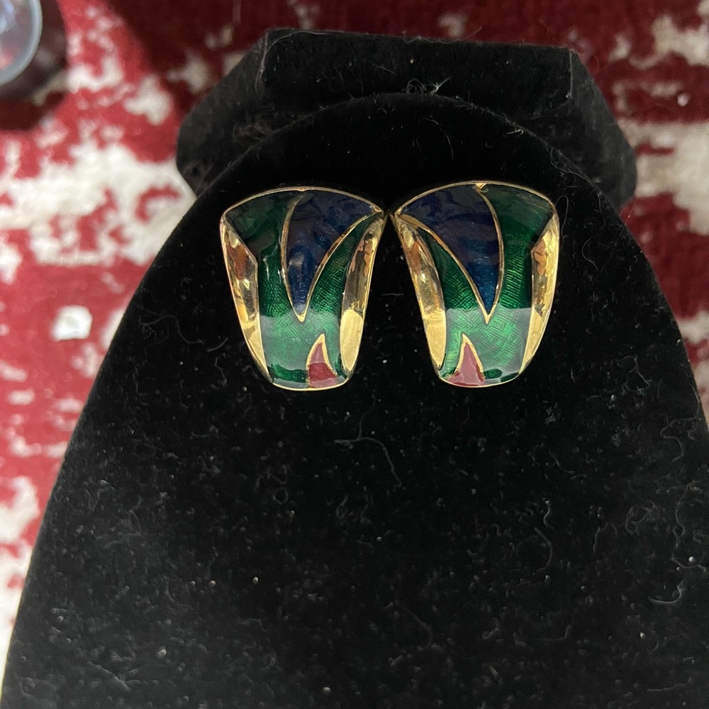 Vintage 80’s Abstract Jewel Color Enamel & Gold Tone Metal Statement Earrings